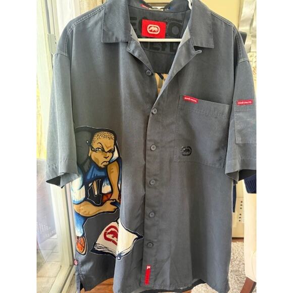 Ecko Unltd Mens Mindquarters Graphic Vintage Y2K Polyester Camp Shirt Grey XL - Picture 2 of 10